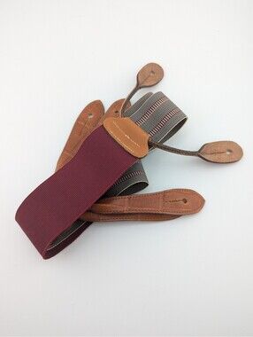 Trafalgar Mens Suspenders Y-Back  Striped Burgundy Tan Leather Button End Braces